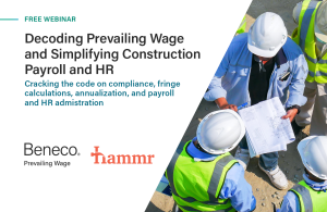 Register today to join Hammr and Beneco for our free prevailing wage webinar. We will explore the nitty-gritty details of working on these projects, providing practical advice and tips to help you stay compliant and maintain a competitive edge