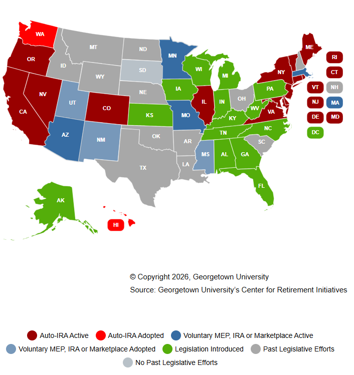 2026 State-Mandated Programs Map from Georgetown University Center for Retirement Initiatives